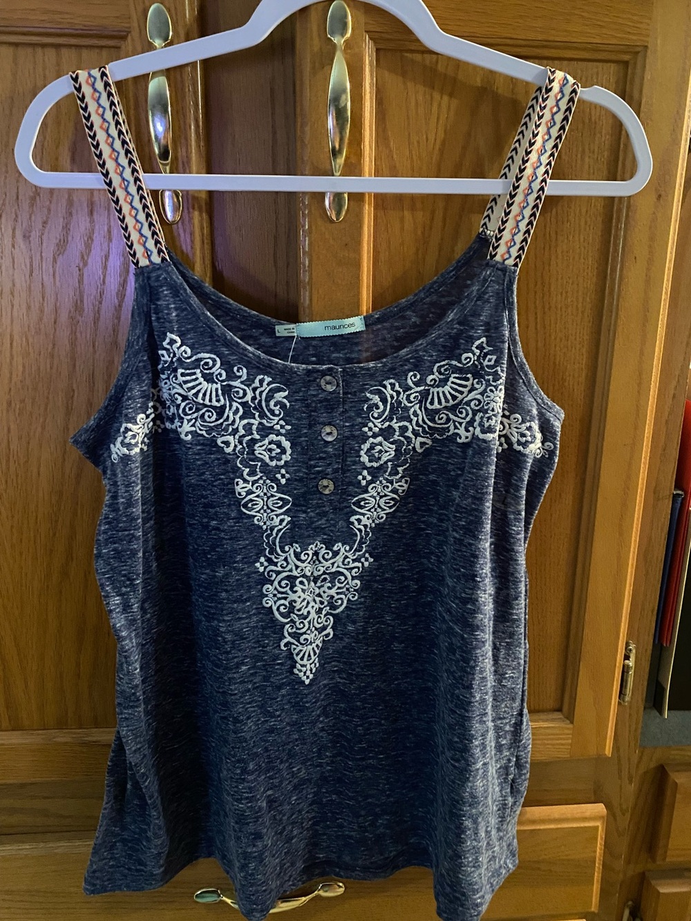 Maurices Navy Blue Tank with White Embroidered Front and Patterned Straps
